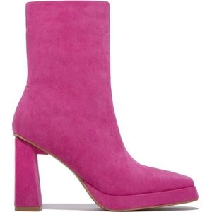 Hot pink faux suede block heel booties
